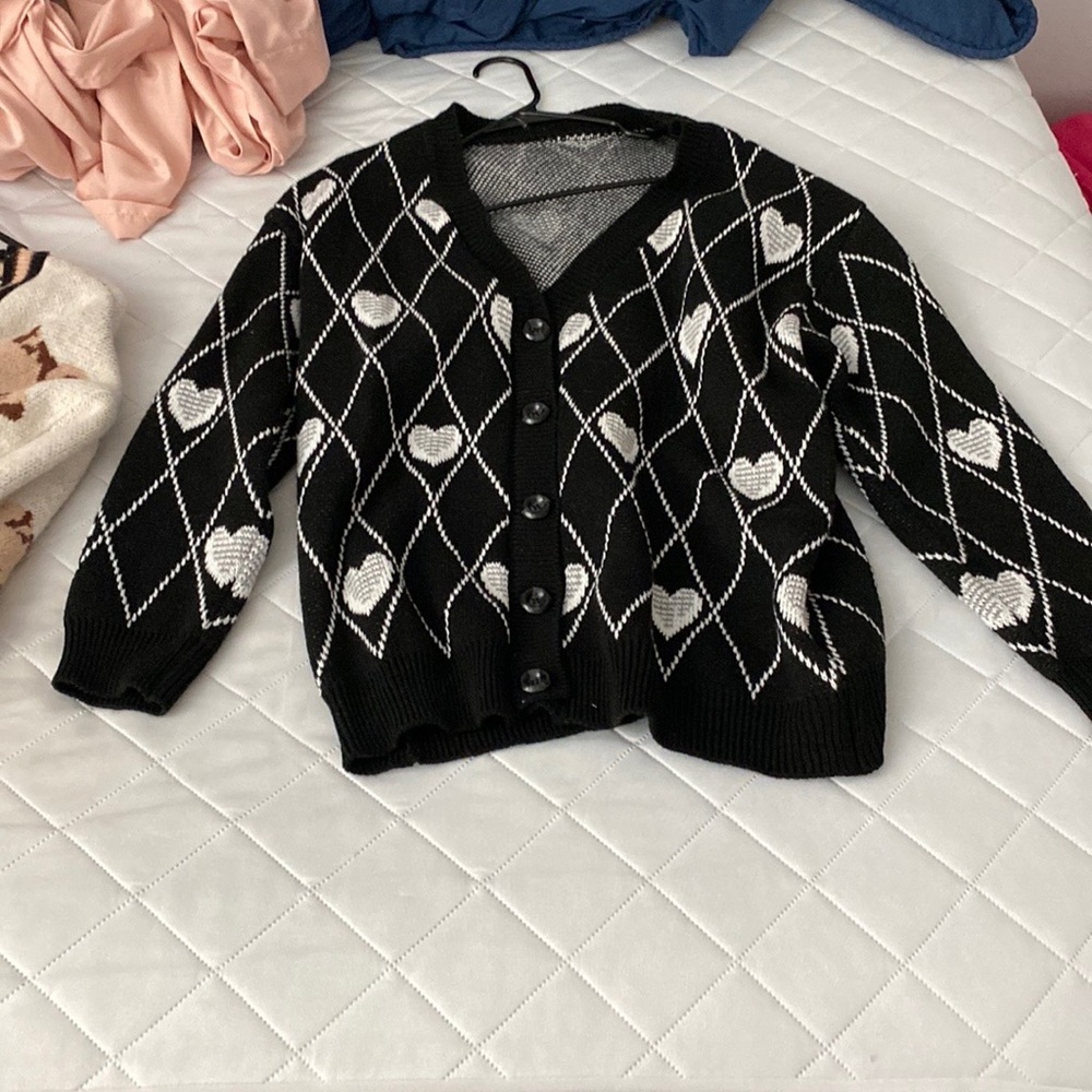 Heart & Argyle Pattern Drop Shoulder Cardigan